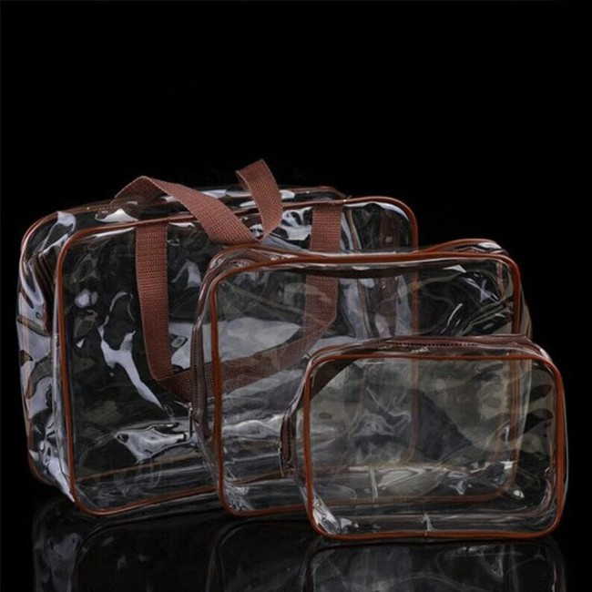 MARGOUN 3pcs Set Makeup Organizer PVC Cosmetic Bag Women Transparent Clear Zipper Bag Bath Wash Organizer Handbags Case Tools Accessories (Brown 3Pcs Set)
