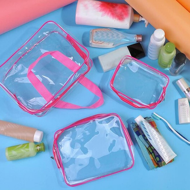 MARGOUN 3pcs Set Makeup Organizer PVC Cosmetic Bag Women Transparent Clear Zipper Bag Bath Wash Organizer Handbags Case Tools Accessories (Pink 3Pcs Set)