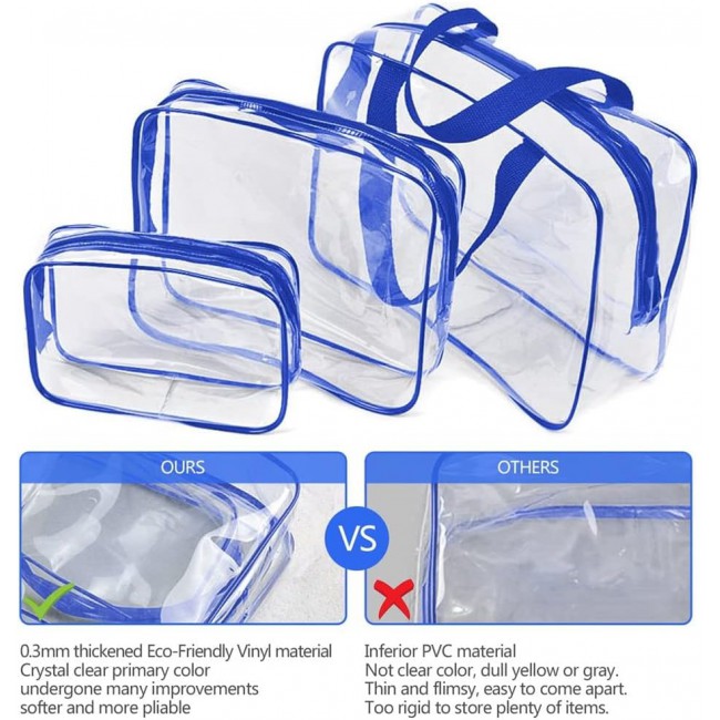 MARGOUN 3pcs Set Makeup Organizer PVC Cosmetic Bag Women Transparent Clear Zipper Bag Bath Wash Organizer Handbags Case Tools Accessories (Blue 3Pcs Set)