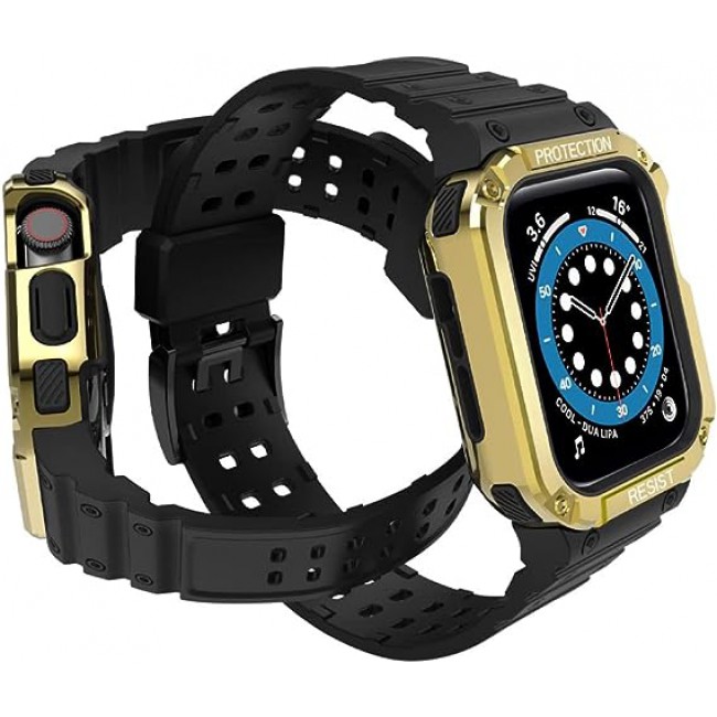 MARGOUN for Apple Watch Band Series 4 5 6 SE with Safe Guard Protection Rugged Protective Case 44mm with Strap IST - Black Gold