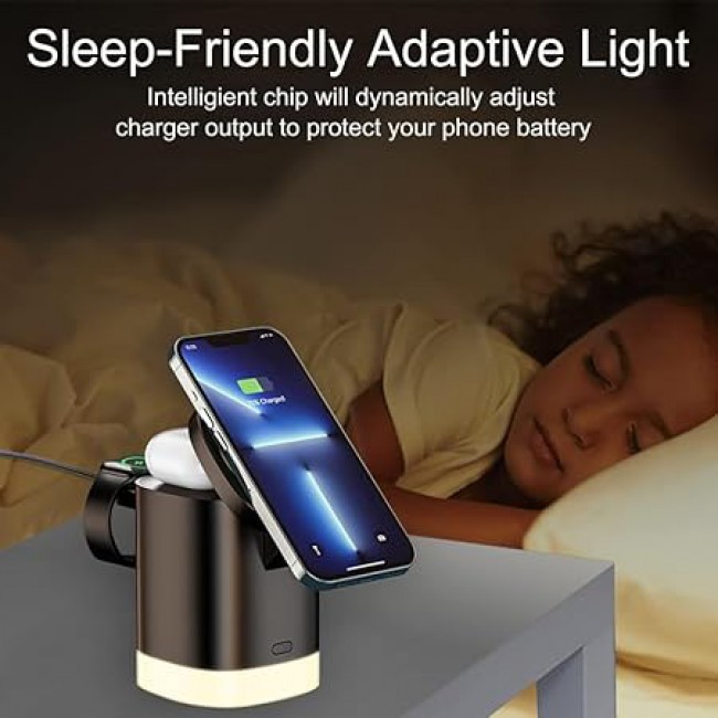 MARGOUN For 3-in-1 Magnetic Wireless Charger, 15W USB-C Fast Charger For iPhone iWatch AirPods Cordless Charging Station With RGB Light (Black)
