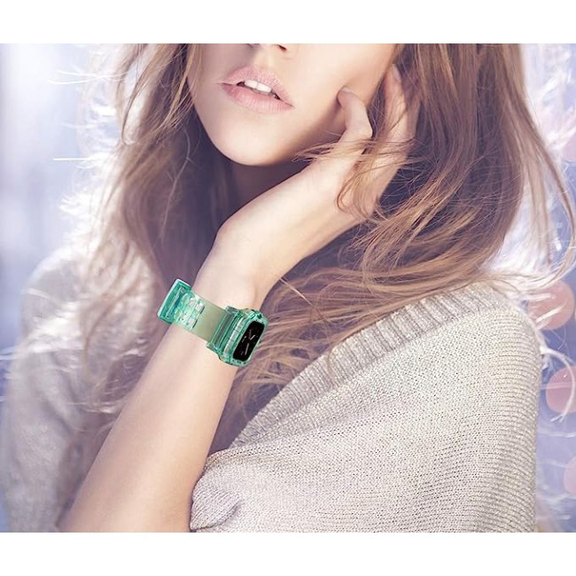 MARGOUN Clear Sports Band for Watch Band 45mm 44mm 42mm TPU Strap Case for iWatch Series 7/SE/6/5/4/3/2/1 Soft Thin Silicone Replacement Strap Cover Protector - Green