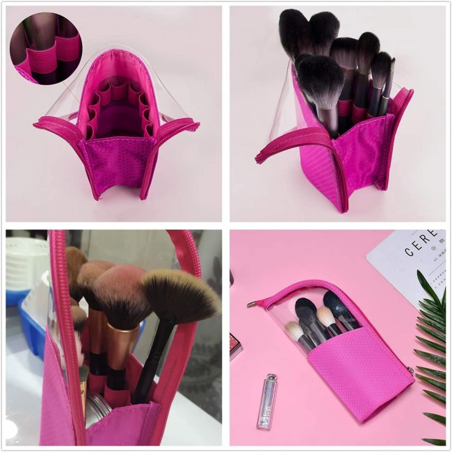 MARGOUN Make-up Brush Holder Organizer Bag, Pencil Pen Case Organizer Bag Clear Plastic Cosmetic Zipper Pouch Small Toiletry Stationery Bag with Divider (Pink)