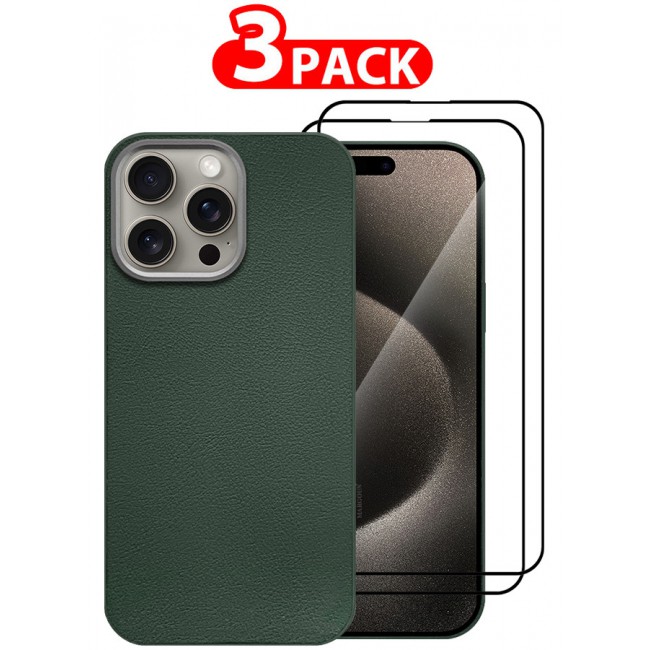 MARGOUN for iPhone 15 Pro 3 Pack Case Cover and 2 Screen Protectors Leather Case with Lens Frame Shockproof Full Body Protective Cover Green