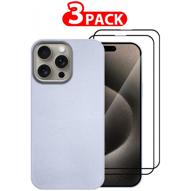 MARGOUN for iPhone 15 Pro Max 3 Pack Case Cover and 2 Screen Protectors Leather Case with Lens Frame Shockproof Full Body Protective Cover Light Blue