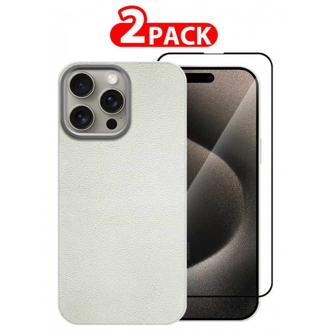 MARGOUN for iPhone 15 Pro 2 Pack Case Cover and Screen Protector Leather Case with Lens Frame Shockproof Full Body Protective Cover White