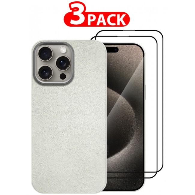 MARGOUN for iPhone 15 Pro 3 Pack Case Cover and 2 Screen Protectors Leather Case with Lens Frame Shockproof Full Body Protective Cover White