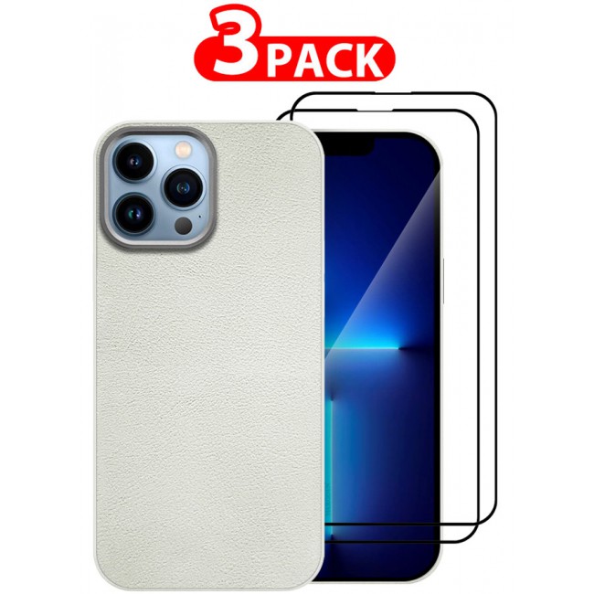 MARGOUN for iPhone 13 Pro Max 3 Pack Case Cover and 2 Screen Protectors Leather Case with Lens Frame Shockproof Full Body Protective Cover White