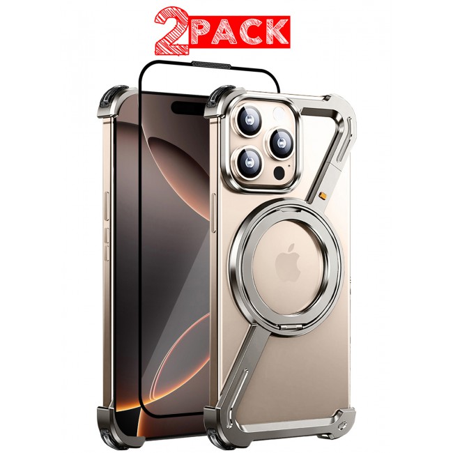MARGOUN for iPhone 16 Pro Max 2 Pack Case and Screen Protector 360° Rotation, Aluminum and Metal Stand, Frameless, Shock Grade Protective Case Silver