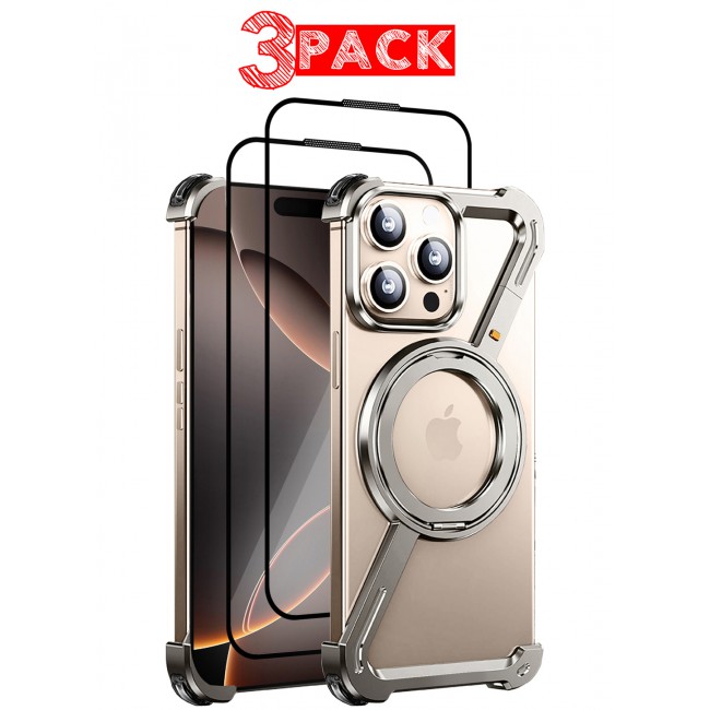 MARGOUN for iPhone 16 Pro Max 3 Pack Case and 2 Screen Protectors 360° Rotation, Aluminum and Metal Stand, Frameless, Shock Grade Protective Case Silver