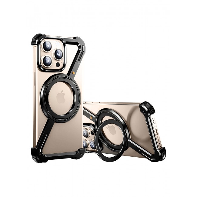MARGOUN for iPhone 16 Pro Max Case 360° Rotation, Aluminum and Metal Stand, Frameless, Shock Grade Protective Case Black
