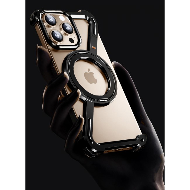 MARGOUN for iPhone 16 Pro Max Case 360° Rotation, Aluminum and Metal Stand, Frameless, Shock Grade Protective Case Black