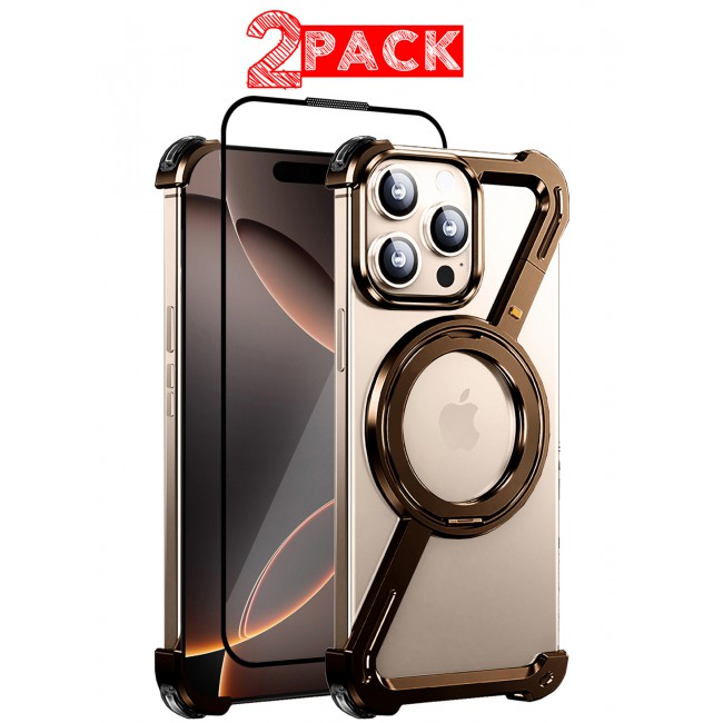 MARGOUN for iPhone 16 Pro Max 2 Pack Case and Screen Protector 360° Rotation, Aluminum and Metal Stand, Frameless, Shock Grade Protective Case Desert Titanium
