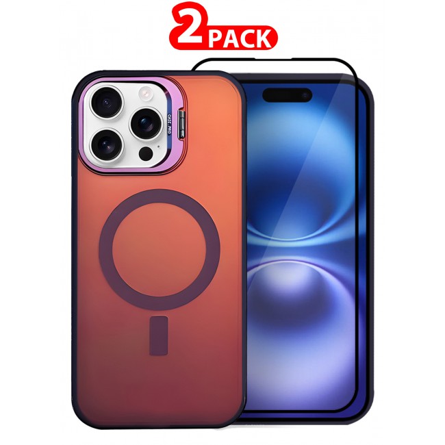 CATANES iPhone 15 Pro Max 2 Pack, Case and Screen Protector, Gradient Holographic Iridescent MagSafe Case,Kickstand Case Cover / Holographic Maroon Colour