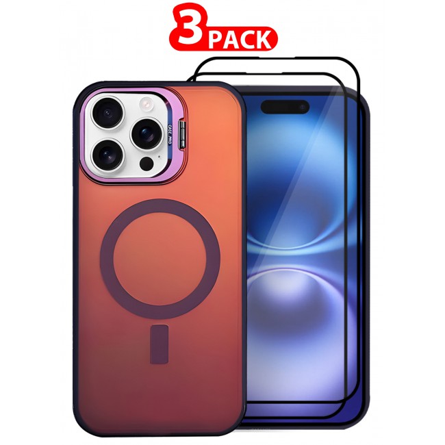 CATANES iPhone 16 Pro Max 3 Pack, 1 Case and 2 Screen Protectors, Gradient Holographic Iridescent MagSafe Case,Kickstand Case Cover / Holographic Maroon Colour