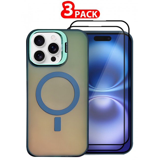 CATANES iPhone 15 Pro Max 3 Pack, 1 Case and 2 Screen Protectors, Gradient Holographic Iridescent MagSafe Case,Kickstand Case Cover / Holographic Green Colour