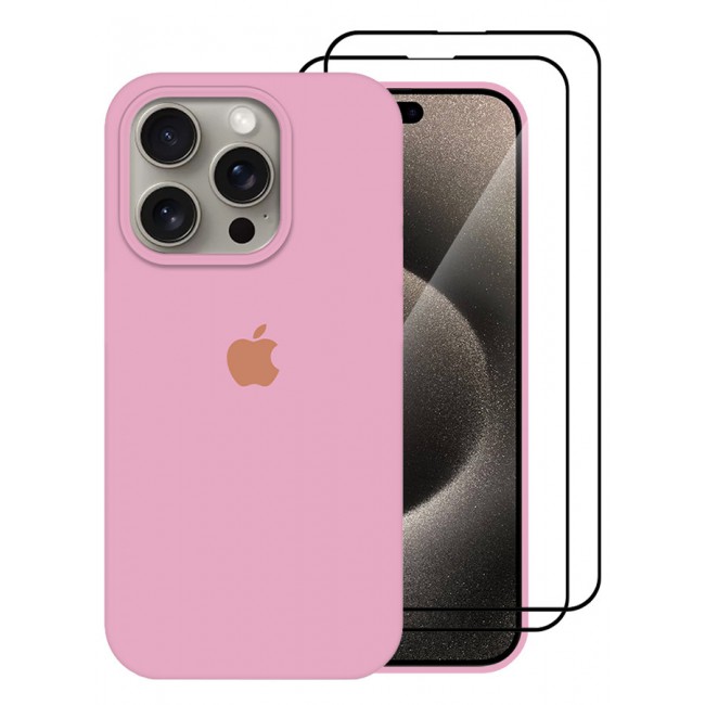 CATANES 3 Pack For iPhone 15 Pro Max Case and 2 Screen Protectors Silicone Case Full Body Protective Cover Shockproof Slim Phone Case Anti-Scratch Soft Microfiber Lining Pink