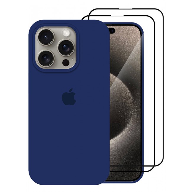 CATANES 3 Pack For iPhone 15 Pro Max Case and 2 Screen Protectors Silicone Case Full Body Protective Cover Shockproof Slim Phone Case Anti-Scratch Soft Microfiber Lining Blue