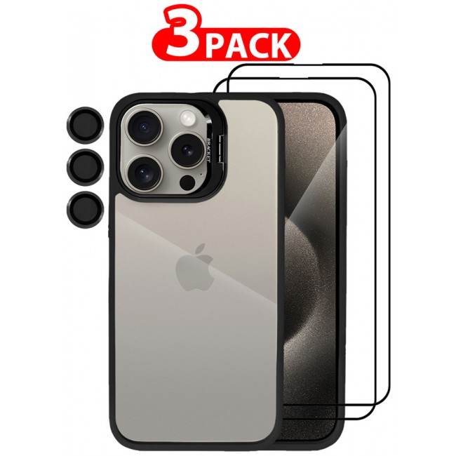 MARGOUN 3 Pack iPhone 15 Pro Case Cover and Lens Protector and 2 Screen Protectors Built-in Camera Stand and Compatible with MagSafe Full Body Shockproof Case Clear Black