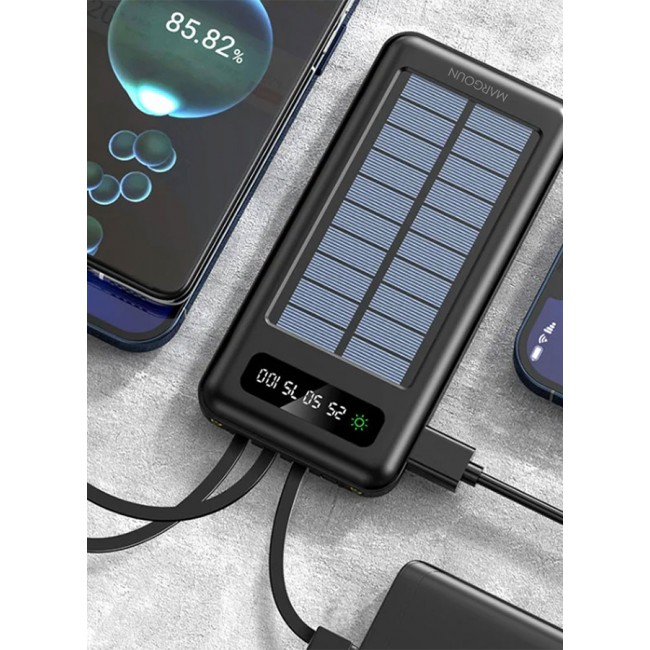 MARGOUN 20000mAh Solar Power Bank Big Capacity Phone Charging Powerbank with Cable External Battery Phone Fast Charger Black