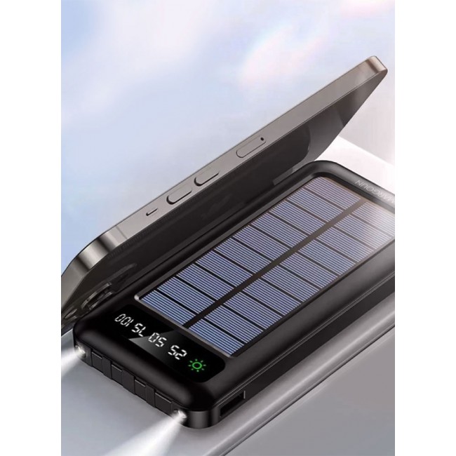 MARGOUN 10000mAh Solar Power Bank Big Capacity Phone Charging Powerbank with Cable External Battery Phone Fast Charger Black