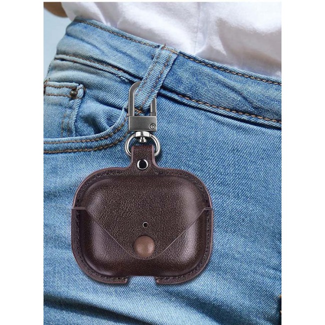 MARGOUN Leather Case Shockproof Cover With KeychainFor Apple AirPods 3 (3rd Generation) Dark Brown