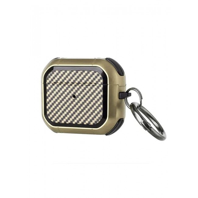 MARGOUN Shockproof Case Carbon Fiber Heavy Duty Cover With Keychain For Apple AirPods 3 (3rd Generation) Gold