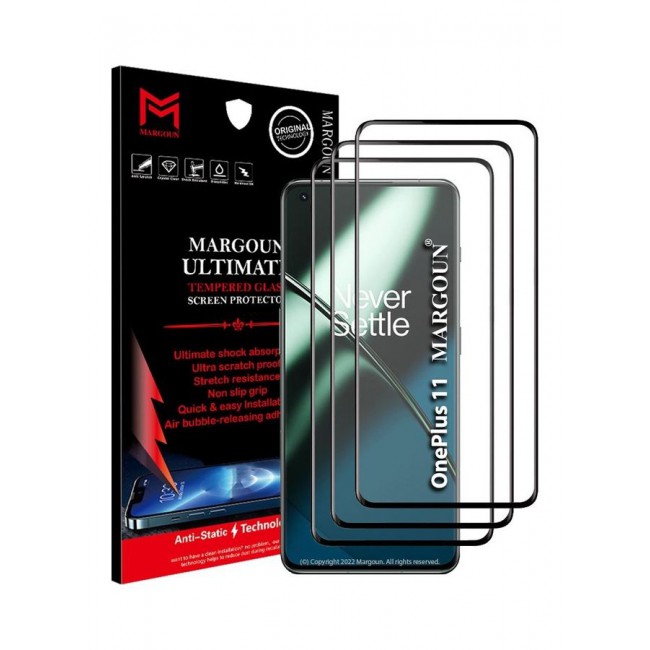 MARGOUN 3Pack for OnePlus 11 Screen Protector Tempered Glass 9H Anti-Scratch Shatterproof HD Curved Edge to Edge Full Coverage Film 6.7 inch Clear/Black