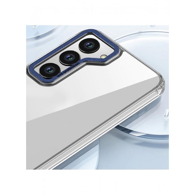 MARGOUN Samsung Galaxy S23 Clear Case Shockproof Slim Anti-Yellow Hybid Hard PC+ TPU Cover Metal Camera Lens Frame Clear/Blue