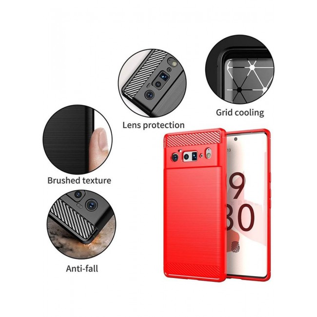 MARGOUN Google Pixel 6 Pro Case Slim Soft TPU Brushed Carbon Fiber Anti-Fingerprint Shockproof Cover Red Red