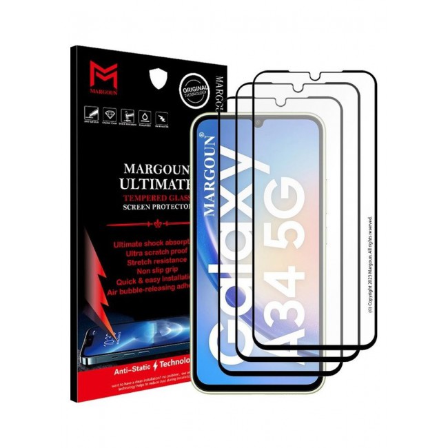 MARGOUN 3 Pack Screen Protector for Samsung Galaxy A34 5G Full Coverage Screen Glass 9H Hardness Anti Fingerprint Scratch CLEAR