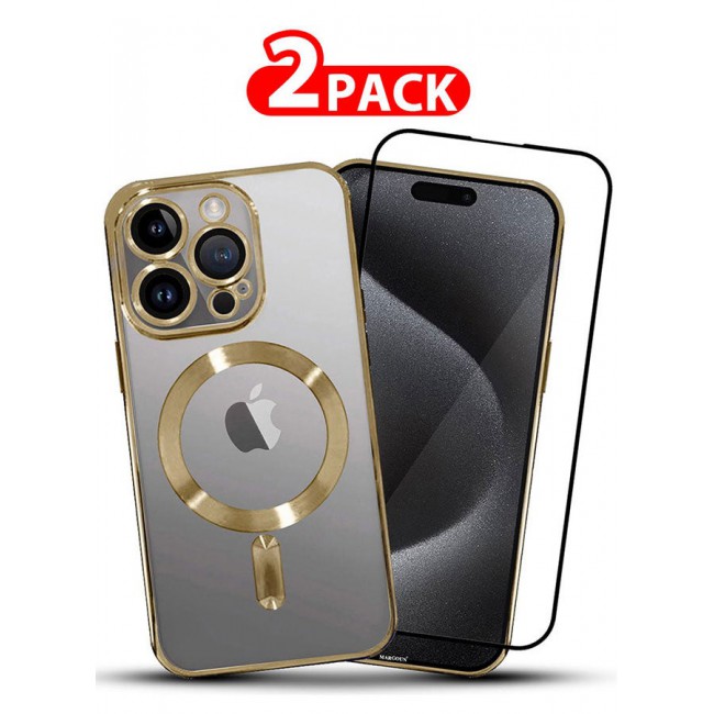 MARGOUN 2 Pack For iPhone 15 Pro Phone Protective Case And Screen Protector Fashionable Electroplated Magnetic Suction Full Covered Shockproof Phone Cover With Magnetic Rings Gold