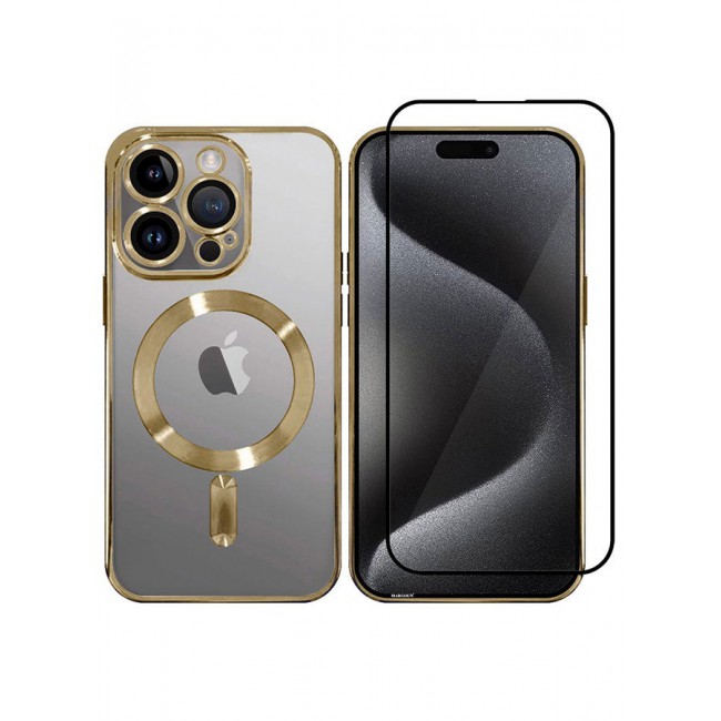 MARGOUN 2 Pack For iPhone 15 Pro Phone Protective Case And Screen Protector Fashionable Electroplated Magnetic Suction Full Covered Shockproof Phone Cover With Magnetic Rings Gold