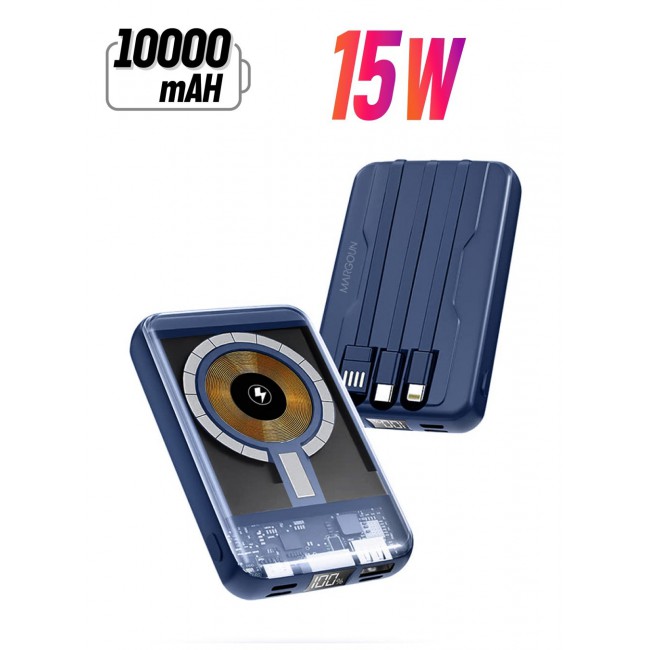 MARGOUN 10000 mAh Transparent Maganetic Wireless Power Bank Fast Charging Built-In 3-In-1 Cables Digital Display Lithium Polymer Blue