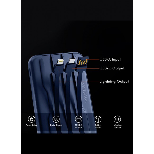 MARGOUN 10000 mAh Transparent Maganetic Wireless Power Bank Fast Charging Built-In 3-In-1 Cables Digital Display Lithium Polymer Blue