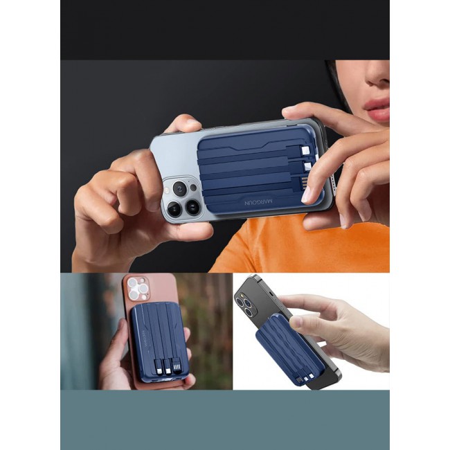 MARGOUN 10000 mAh Transparent Maganetic Wireless Power Bank Fast Charging Built-In 3-In-1 Cables Digital Display Lithium Polymer Blue