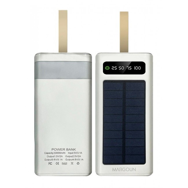 MARGOUN 50000 mAh New Solar Power Bank Outdoor Portable Fast Charge External Battery 4 USB Port Phone Charger With LED Light White