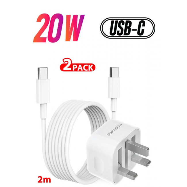 MARGOUN iPhone 15 Pro Fast Charger USB C Plug Adaptor UK Wall Plug With 2M Cable 20W USB C Fast iPhone Charger White
