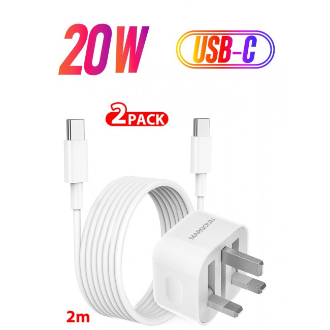 MARGOUN iPhone 15 Fast Charger USB C Plug Adaptor UK Wall Plug With 2M Cable 20W USB C Fast Charger White