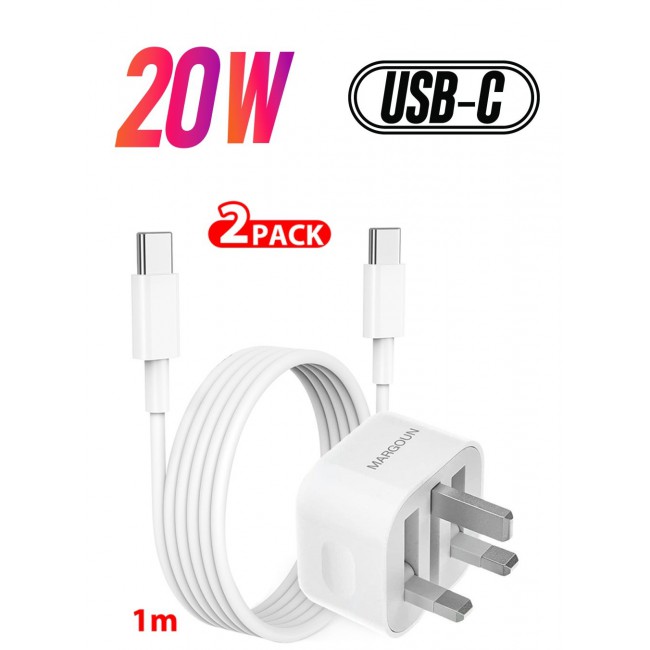 MARGOUN iPhone 15 Pro Fast Charger USB C Plug Adaptor UK Wall Plug With 1M Cable 20W USB C Fast Charger White
