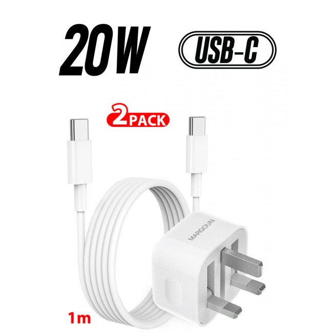 MARGOUN iPhone 15 Fast Charger USB C Plug Adaptor UK Wall Plug With 1M Cable 20W USB C Fast Charger White