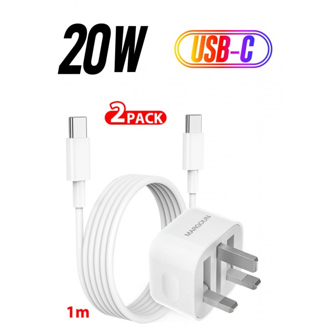 MARGOUN iPhone 15 Plus Fast Charger USB C Plug Adaptor UK Wall Plug With 1M Cable 20W USB C Fast Charger White