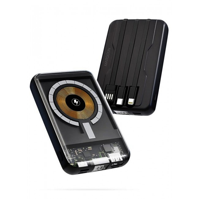 MARGOUN 10000 mAh Magnetic Battery Pack 10000mAh Wireless Charging Power Bank With Cable Slim Light Weight Wireless Charger LED Indicator Black