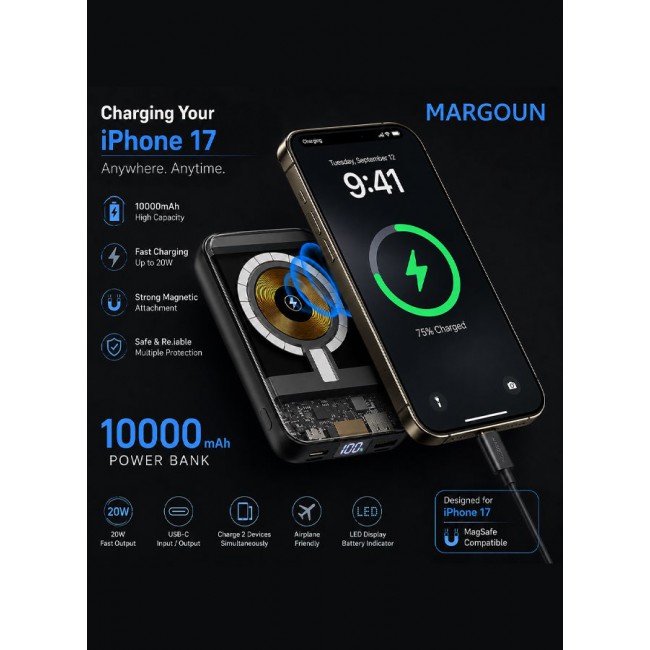 MARGOUN 10000 mAh Magnetic Battery Pack 10000mAh Wireless Charging Power Bank With Cable Slim Light Weight Wireless Charger LED Indicator Black