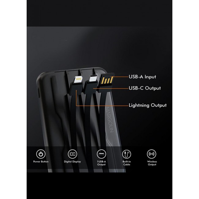 MARGOUN 10000 mAh Magnetic Battery Pack 10000mAh Wireless Charging Power Bank With Cable Slim Light Weight Wireless Charger LED Indicator Black