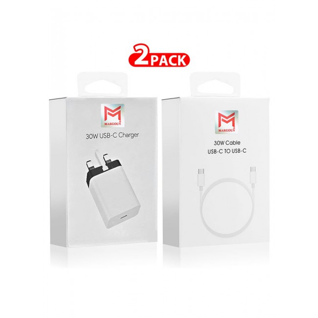 MARGOUN 30W USB-C Super Fast Charger 3 Pins Charger And Cable Compatible With USB-C Devices Fast Charging Phone Charger USB-C To USB C Sync Charge Cable Included White