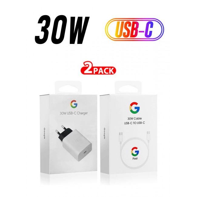 Google 30W USB-C Super Fast Charger 2 Pins Charger And Cable Compatible With Google Products And Other USB-C Devices Fast Charging Pixel Phone Charger USB-C To USB C Sync Charge Cable Included White