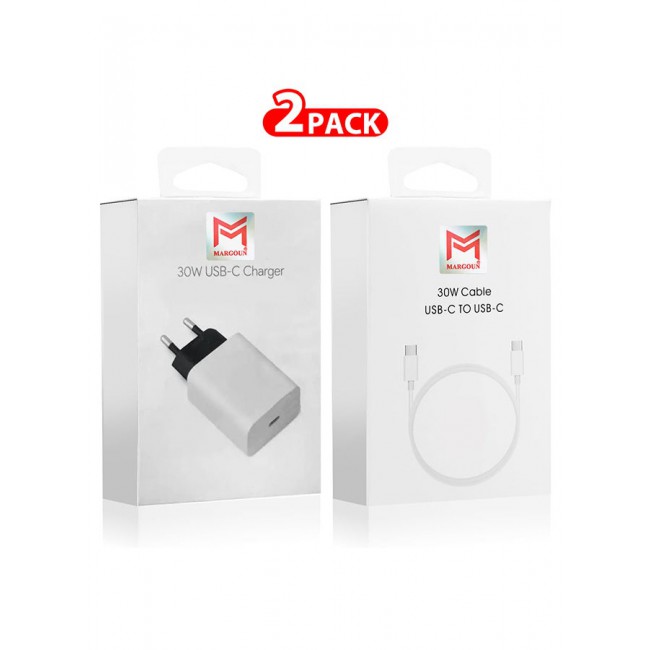 MARGOUN 30W USB-C Super Fast Charger 2 Pins Charger And Cable Compatible With USB-C Devices Fast Charging Phone Charger USB-C To USB C Sync Charge Cable Included White