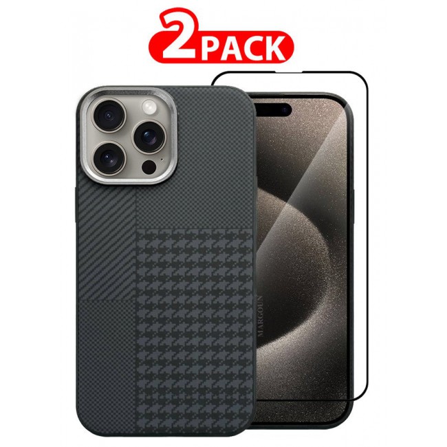 MARGOUN Case Cover For iPhone 15 Pro And Screen Protector 2024 New Pattern Aramid Carbon Fiber Phone Case Slim And Light Design MIX1