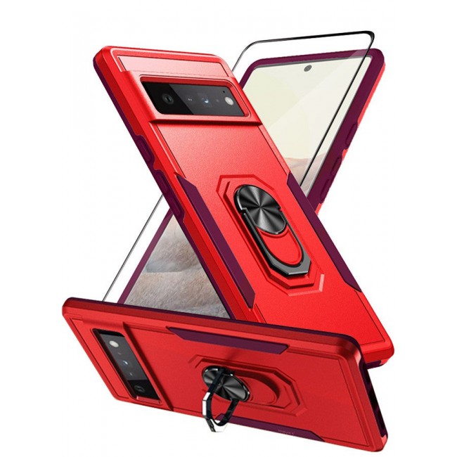MARGOUN (Google Pixel 6 Pro) 2 Pack Hybrid Case and Screen Protector with Magnetic Metal Ring Holder Kickstand Rugged Military Drop Protection Cover Red